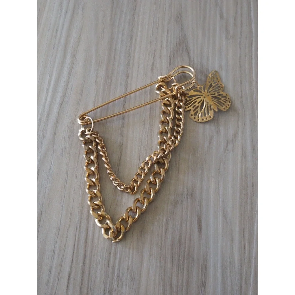 Gold Butterfly Safety Pin Chain Brooch Y2K Cottagecore Punk Jewelry Fairycore